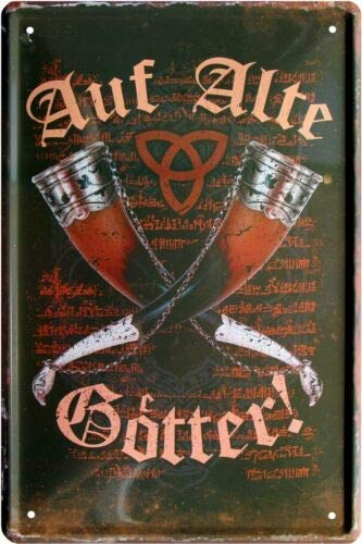 WOGEKA ART Retro Blechschild - Ein Prost auf alte Götter Germanen Wikinger Trinkhorn - witziger Spruch als Geschenk-Idee Geburtstag Weihnachten Dekor 20x30 cm Vintage-Design 1299