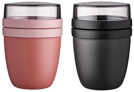 Mepal | Lunchpot Ellipse Mixed | Vivid Mauve + Nordic Black | Müslibecher to go | Unterteilung für Joghurt & Müsli | 500 ml + 200 ml | Geeignet für Gefrierschrank, Mikrowelle & Spülmaschine