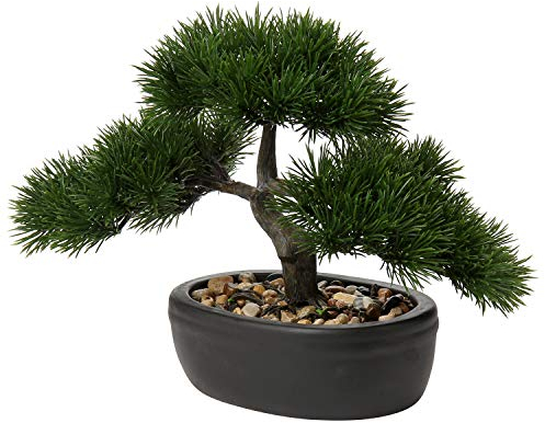 Kunstbonsai Naturgetreue Künstliche Pflanze Kunstbaum Bonsai Zeder Kiefer Podocarpus Plastik Pflanze Kunstpflanze mit Keramik-Übertopf in Schwarz für Baddeko Desktop Büro Fensterbank