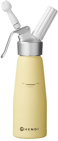 HENDI Sahnespender, Inklusive Set aus 3 Polypropylen Spritztüllen und Reinigungsbürste, Sahne-Mousses-Desserts-kalten Schäumen, Sahnesyphon, 0,5L, ø80x(H)260mm, Aluminium, Pastellgelb
