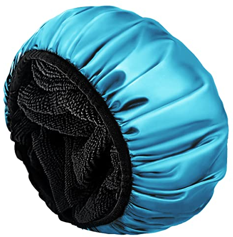 Aquior Shower Cap,Extra Large Triple Layer Bathing Cap with Dry Hair Function for Women Microfiber Terry Cloth Silky Satin 100% Waterproof Reusable Long Hair Bath Caps (Blue)