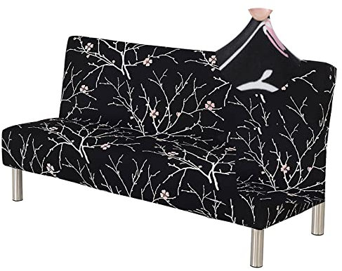 Jaotto Sofabezug Ohne Armlehne 2/3 Sitzer, Sofa Überwürfe Armlose Sofabettüberzug Elastische Stretch Spandex Waschbar, Sofaüberwurf Sofahusse für Clic Clac Klappcouch ohne Armlehnen,Schwarze Blume