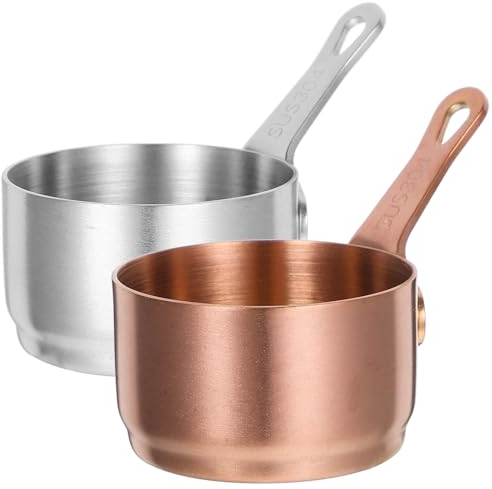 Operitacx 2 Pcs Stainless Steel Sauce Pots with Handle, 50ml Nonstick Dipping Bowls, Small Ramekins Serving Cup for Milk Gravy Jug Soup Pot Cooking for Home Kitchen(Silver&Rose Gold)