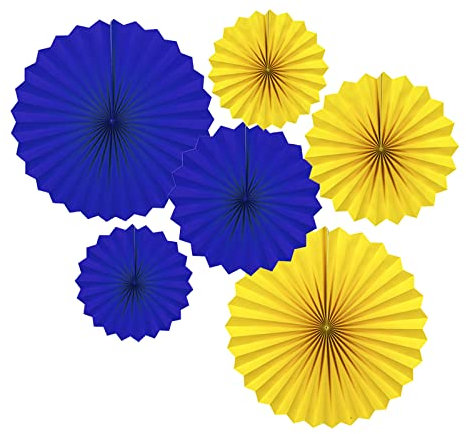 Navy Blue and Yellow Round Party Hanging Paper Fans Decorations Set, Pack of 6