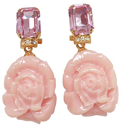 Sehr große Ohr-Clips vergoldet Stein helles pink Anhänger rosa Rosen-Form Statement Glamour Party Fest Geschenk Designer Geschenk JUSTWIN