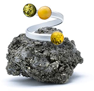 925 Silber Trilogy Ring mit Gelber baltischer Bernstein, grüner Bernstein und roher Bernstein (Naturstein) 6mm - Verstellbaren Ringen, von XS bis XL, für Männer für Frauen - Kostenlose Geschenkbox