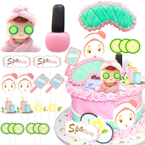 LaVenty Spa Party Cake Topper - Spa Girl, Eye Mask, Nail Polish, 12 Cupcake Picks - Pink, Cartoon - Birthday Party Decoration Pack