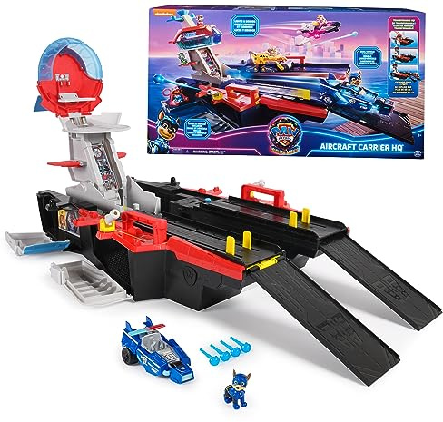 Paw Patrol Mighty Movie Aircraft Carrier HQ Playset & Chase Action Figure | Transforms To 37-Inches Long, Dual Vehicle Launchers, Light-Up Meteor Core, Chase Figure, Kids Toys for Boys & Girls Ages 3+