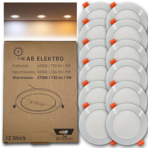 AB Elektro LED Einbaustrahler flach rund 12er Set I 9W LED Spot 12V warmweiß I LED Panel Deckenleuchte I LED Einbauleuchte Set mit Trafo