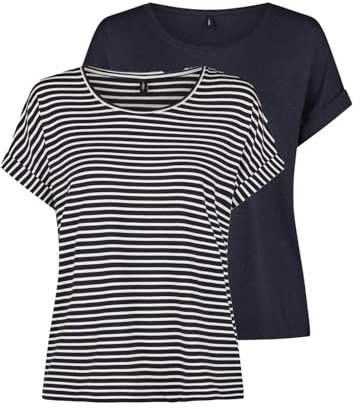 ONLY Tshirt Damen Bluse Top ONLMOSTER 2er Pack Regular Fit Rundhals Basic Kurzarm Shirt Streifen, Größe:XL, Farbe:Night Sky w/cd Stripes