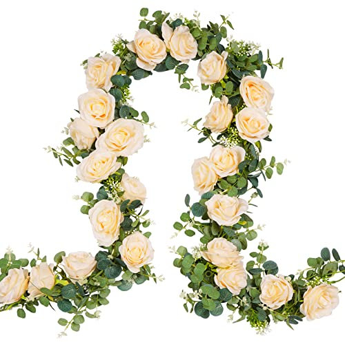 MARTINE MALL Künstliche Eukalyptus-Girlande mit Blumen, Rosenranke, Blumengirlande, Seide, Champagner-Rosen-Girlande, künstliche Blumengirlande, für Tisch, Hochzeit, Wanddekoration, 2 Stück