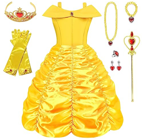 WIOLETA Gelbes Prinzessin Kleid Mädchen Prinzessin Kostüm Mädchen mit Krone, Zauberstab, Ring, Ohrringen, Halskette, Armband, Schleife, Handschuhen für 3-9 Jahre