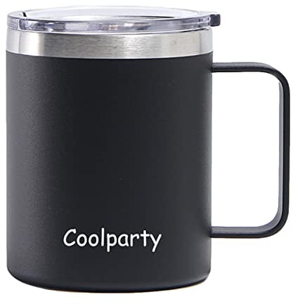 Coolparty 16oz/ 450ml Insulated Coffee Cup with Handle and Lid, Reusable Stainless Steel Vacuum Double Wall Travel Mug, Camping Thermal Cups, Spill Proof (Black)