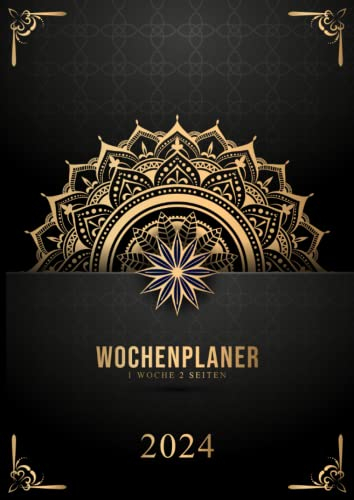 2024: kalender 2024 1 woche 2 seiten mit Uhrzeiten 7 bis 20h Tag| Monatsplaner von Januar 2024 bis Dezember 2024 (Schwarze Mandala-Decke mit goldenen)