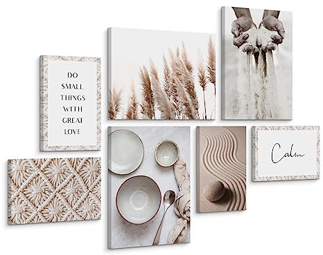 Muralo - Wandbilder Set - Leinwand Bilder Aufhängefertig in Boho Stil - das Leinwandbilder - Bilder für Wohnzimmer - Modernes Boho - Beige - 3 Bilder 30 x 40 cm und 4 Bilder 20 x 30 cm