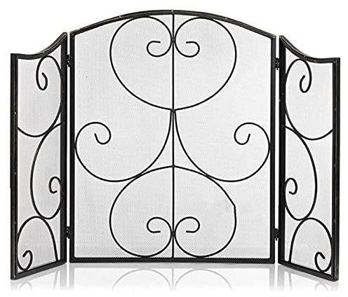 3-teilige Bogen-Kaminblende mit Used-Antik-Finish, schmiedeeisernes Rollwerk, für offene Feuer/Gaskamine (Schwarz XXLarge)