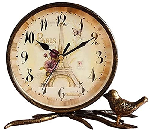 LUOYAOB Vintage Kaminuhr Dekorative Mini -Tischuhr, Vintage Metall Analoge Uhr mit Vögeln & Eiffelturm Retro -Baumzweigen Design Schreibtischgeschütze for Wohnzimmer Dekorregal