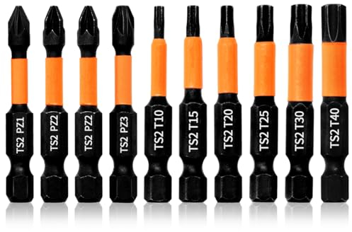 Hilpaty Pozidriv und Torx Schraubendreher Bit Set 50mm Länge 10tlg. Bit-Sortiment PZ1 PZ2*2 PZ3 T10 T15 T20 T25 T30 T40 Magnetischer Schlagschrauber Bit Satz, 1/4 Sechskantschaft