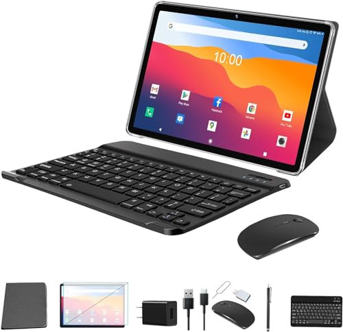 kimlok 2024 2 in 1 10 pollici Android Tablet 128GB Storage+1TB Espandere, Android 12 Tablet PC con tastiera, Octa Core HD Touchscreen 13MP Dual Camera GMS Tablet con caso Mouse, 2.4G/5G WIFI, 7000mAh