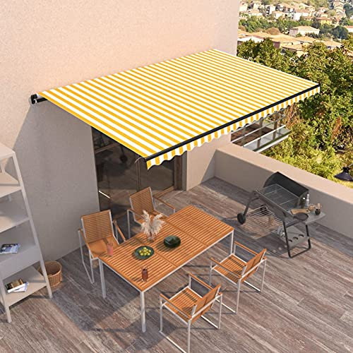Rantry Manuell einziehbare Markise 500x300cm Gelb und Weiß Outdoor Garten Vordach Sonnenschutz Markise Vordach für Terrasse, Innenhof, Balkon und Restaurant