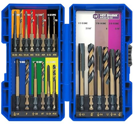 JEFE HEX 20pcs Hex Shank Drill and Tap Set, W4 HSS, Quick Change Tap Set and Drill Bit for Metal, Combination of Drill and Tap Set for Impact Driver, Thread Tap Set from 6-32 UNC to 1/2-13 UNC