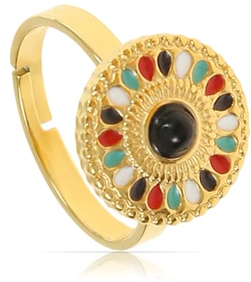 Made by Nami Goldener Ring Damen mit Cleopatra Verzierung mit Sonnen Symbol und bunten Steinen Ägyptischer Schmuck Wasserfest Größenverstellbar (Sonne Bunt)