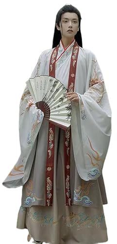 Uplateng Hanfu Chinois Traditionnel Hommes Ensemble Rétro Cosplay Arts Martiaux Hanfu Petit Haut + Jupe + Cardigan à Manches Larges (B,XXL)