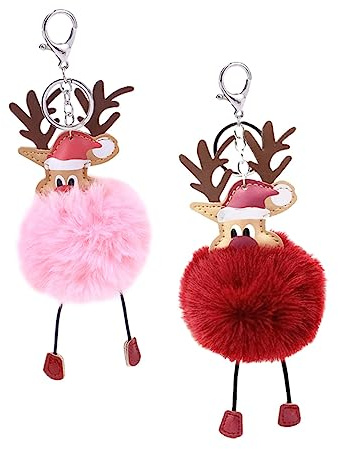 Yardenfun 2stücke Weihnachts Schlüsselanhänger Mit Elch Design Pelz Pom Pom Und Silberner Kette Als Taschenanhänger Und Schlüsselhalter Für Freunde Und Familie