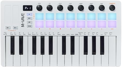 M-VAVE Teclado MIDI de 25 teclas, 16 teclas retroiluminadas, creador de ritmos profesional y teclado para producción de música, batería integrada, conexión inalámbrica, color blanco, MIDI 16 PADS