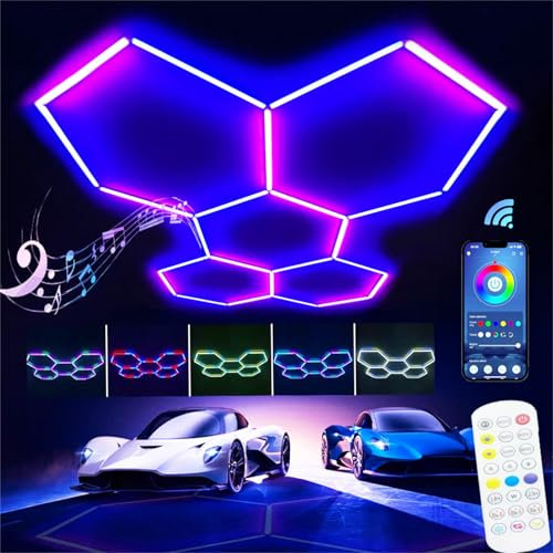 Lumiere Hexagone Garage Lampe De Plafond Hexagone Nid D Abeille Garage RGB,éclairage LED Garage Atelier,lumière LED Cellulaire De Garage pour sous-Sol Entrepôt,RGB,5 grilles