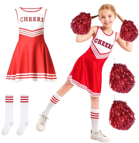 LXYYDS Cheerleader Kostüm Kinder, Cheerleadering Outfit Mädchen, Cheerleading Uniform Kleid, Mädchen Cheerleader Kostüm, Cheer Kostüm Outfit mit 2 Pompoms und 2 Socken, für Karneval Halloween