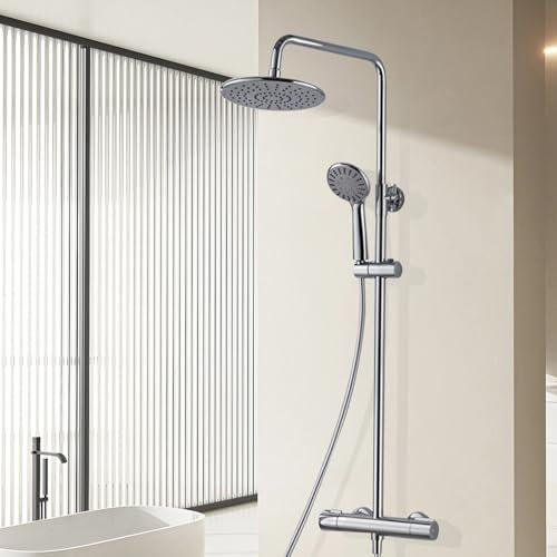 WUDLEP Système de douche avec thermostat, colonne de douche en acier inoxydable 304 avec pommeau de douche rond et douchette, barre de douche réglable, chromé
