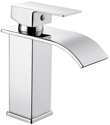 Peppermint Grifos de lavabo de cascada para baño, monomando cuadrado, acero inoxidable, monobloque, 1 agujero con mangueras G1/2 pulgadas, grifos modernos cromados de una sola palanca
