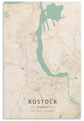 LZTEN Rostock Deutschlandkarten-Poster, Vintage-Druck, Leinwand, Wandkunstdruck, Poster für Zuhause, Schule, Büro, Dekoration, ungerahmt, 40 x 60 cm