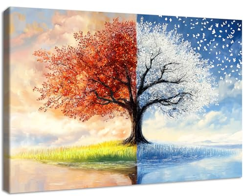 Arbre de Vie Coloré Cadre en bois Impression Sur Toile Automne Hiver Arbre à Fleurs Tableau Affiche Decoration Murale Peinture Image sur toile Grand Tableau Decoration Murale Salon Chambre 120x80cm