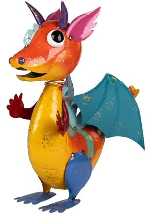 formano Metall-Figur Drache Wackel-Kopf 57 cm Gartenfigur Handbemalt Wackelfigur Bunt Lackiert Gartendeko Drachenfigur Outdoor Skulptur Terrasse Balkon