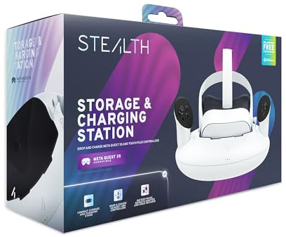 STEALTH Lager- & Ladestation kompatibel mit dem Quest 3S Virtual-Reality-Headset und den Touch Plus Controllern. Liefert volle Ladung in 2,5 Stunden.