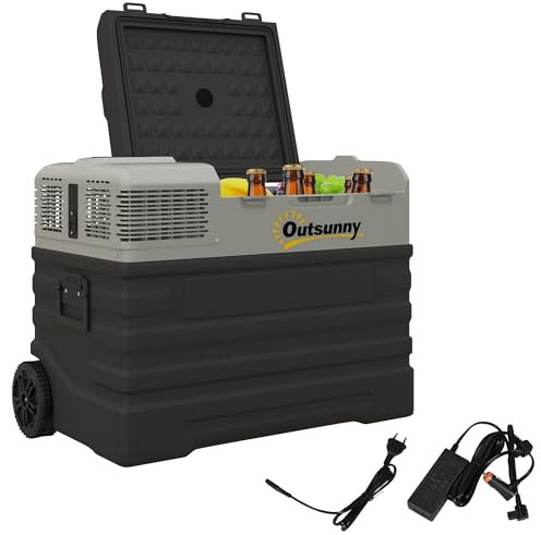 Outsunny Glacière électrique à compression 56L, glacière voiture portable 12/24V, congélateur et réfrigérateur avec modes ECO/MAX, tige télescopique et roulettes, pour maison, camion, camping, noir