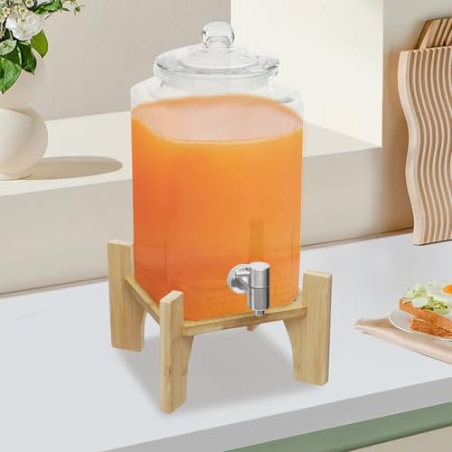Distributeur de boisson en verre de 5 l avec couvercle et support en bambou, distributeur d'eau avec robinet en acier inoxydable, distributeur de jus, distributeur de limonade, récipient en verre pour