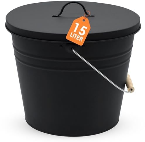 Secchio per cenere di zinco, ovale, con manico in legno e coperchio, 15 l, colore nero, per piantare o trasportare, decorazione da giardino, secchio per cenere, secchio per piante e spumanti