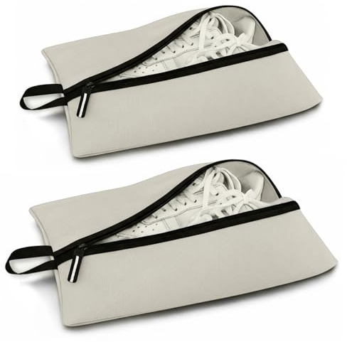 Shoe Bags for Travel, Waterproof Oxford Fabric, Zippered Shoe Storage Organiser with Handle, Lightweight Dustproof Shoe Pouch for Trainers, Gym, 16.5 x 9.8 Inches (Shoe Bag Off White-2 Pack)