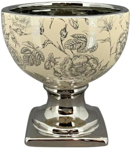 Exner GmbH Garten- und Wohnaccessoires Kleiner Übertopf Pokal Rund auf Fuß Beige Silber 16 cm