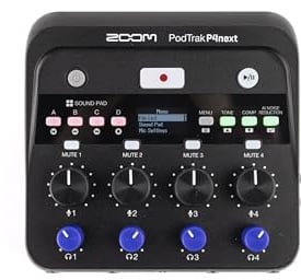 Zoom PodTrak P4next Podcast Recorder, 4 Mic Inputs, 4 Headphone Outputs, Battery Powered, AI Noise Reduction, Sound Pads, Phone Input, USB Audio Interface