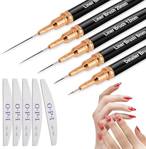 Nail Art Brushes 5 Pcs with Professional Nail Files, Fine Thin Nail Art Liner Brushes Fingernails Drawing Tool for Thin Details, Long Lines, Fine Drawing, Sizes 4/8/12/20/25mm