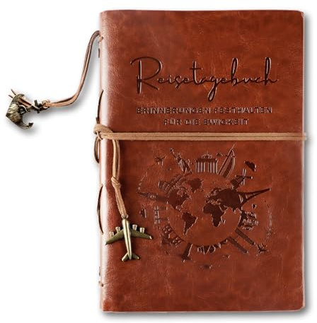 COMOOKA PU-Leder Reisetagebuch A5 zum Ausfüllen, 6-Ring Reise Tagebuch, 160 Seiten blankes Kraftpapier Notizbuch, Journal mit Flugzeug-Anhänger, ideal als Notebook, Skizzenbuch, Ringbuch Geschenk