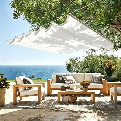 Einziehbares Welle Sonnensegel 240 x 505 cm PES Polyester, Sonnenschutz 98% UV Schutz Reißfest Wetterfest, Segeltuch Sonnenschutz mit Ösen Und Seil für Hof, Terrasse, Weiß