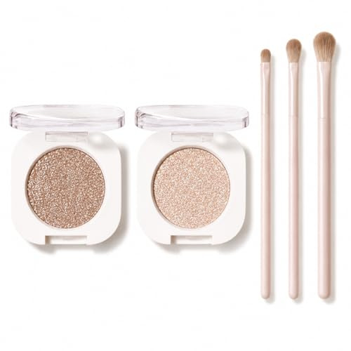 Glitzer Lidschatten Set mit 3 Pinseln - Lidschatten Glitzer Hochpigmentiert, Eyeshadow Champagner Nude, Single Eyeshadow für Glitzer Gesicht & Augen Make Up Look, Glanz Finish, Farbton