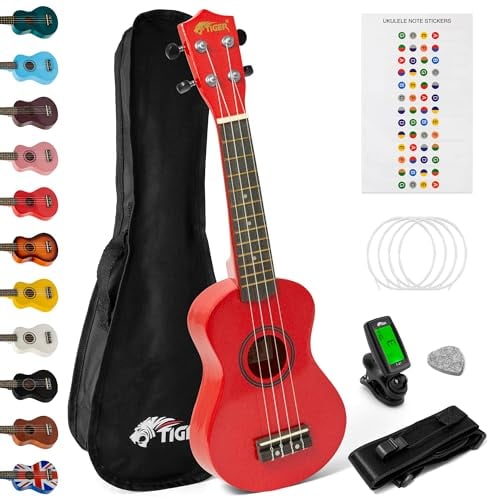 TIGER UKEKIT Ukulele-Set für Anfänger, Sopran-Ukulele, Stimmgerät, Gurt, Uke Stickers, Ersatzsaiten und Filzplektrum - Rot -