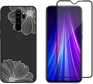 NOVAGO Compatible con Xiaomi Redmi Note 8 Pro - Funda Gel de Silicona + Protector de Pantalla de Vidrio Templado (Flores Blancas)