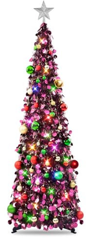 MACTING Künstlicher Weihnachtsbaum Mit Beleuchtung, 5Ft/1.5m Lila Tannenbaum Künstlich, Zusammenklappbarer Pop-up Christbaum Mit Weihnachtskugeln, Sternspitze, Weihnachtsdeko, Weihnachten Deko